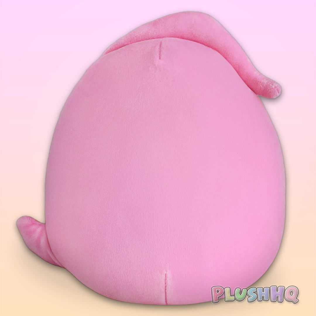 Pink plush toy with a tail on a gradient background, branded with 'PLUSHHQ'.
