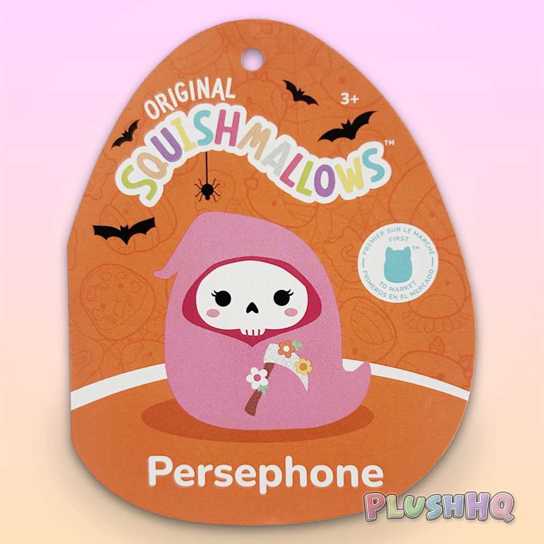 Squishmallows Persephone plush toy packaging with Halloween-themed design